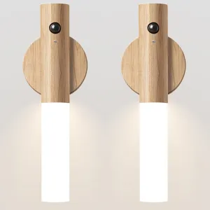 Chilvane Motion Sensor Light Indoor Night Light Wall Sconce Wooden Rechargeable Portable Magnetic Battery Operated LED Night Light for Kids Bathroom Toliet Light Closet Bedroom,White Ash Wood Pack 2