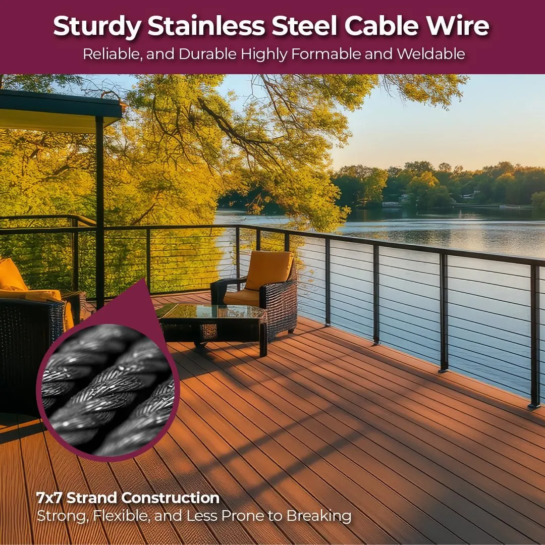 CHR 1000 ft 1/8" T316 Stainless Steel Cable for Indoor Outdoor Railing System - 7x7 Strands Wire Rope for Deck, Aircraft, Cable Kit - Steel Wire for Railing