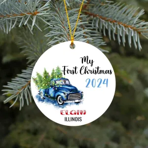 Christmas Decoration Ornament Tree Elgin City Illinois State - Elgin IL Ornaments Rustic Home Decor Unique Xmas Gift Idea Family 3 inches White