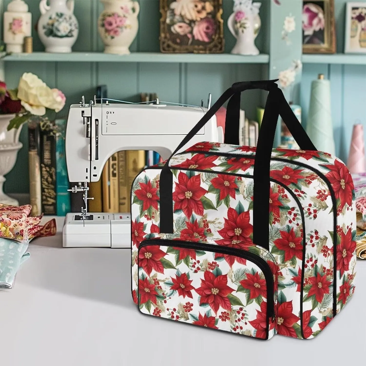 Christmas Flower Sewing Machine Tote Portable Padded Storage Cover Carrying Case with Pockets and Handles Easy to Clean Sewing Machine Case for Standard Sewing Machine