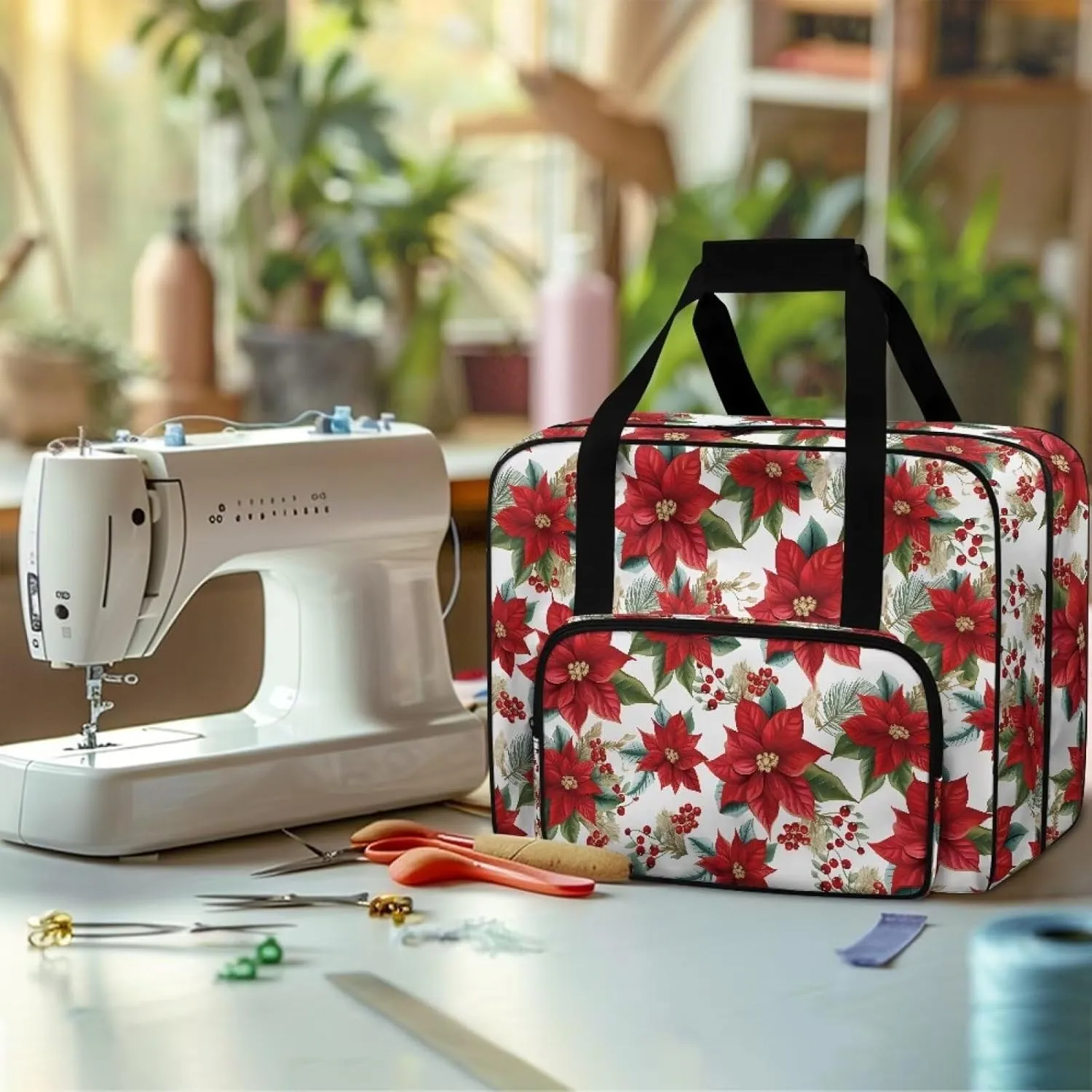 Christmas Flower Sewing Machine Tote Portable Padded Storage Cover Carrying Case with Pockets and Handles Easy to Clean Sewing Machine Case for Standard Sewing Machine