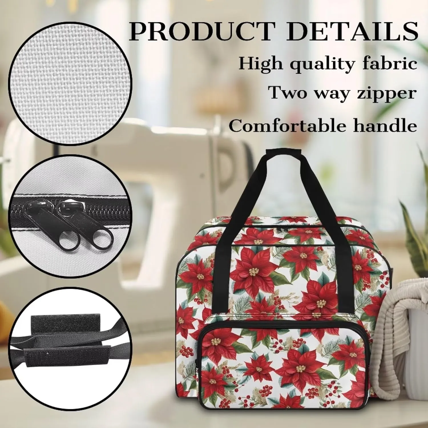 Christmas Flower Sewing Machine Tote Portable Padded Storage Cover Carrying Case with Pockets and Handles Easy to Clean Sewing Machine Case for Standard Sewing Machine