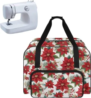 Christmas Flower Sewing Machine Tote Portable Padded Storage Cover Carrying Case with Pockets and Handles Easy to Clean Sewing Machine Case for Standard Sewing Machine