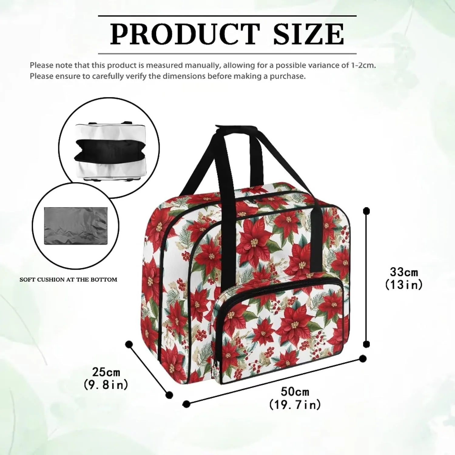 Christmas Flower Sewing Machine Tote Portable Padded Storage Cover Carrying Case with Pockets and Handles Easy to Clean Sewing Machine Case for Standard Sewing Machine