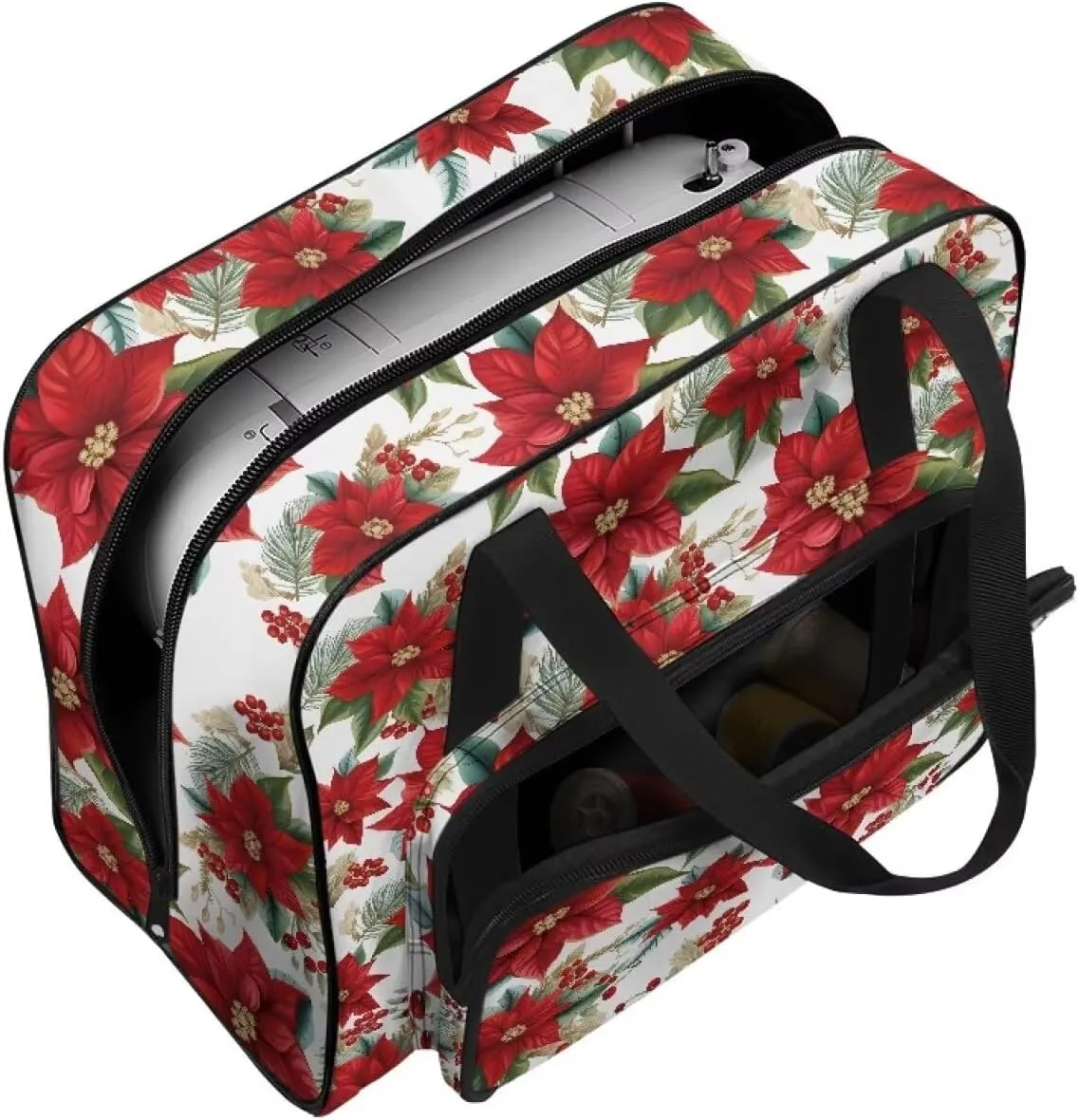 Christmas Flower Sewing Machine Tote Portable Padded Storage Cover Carrying Case with Pockets and Handles Easy to Clean Sewing Machine Case for Standard Sewing Machine