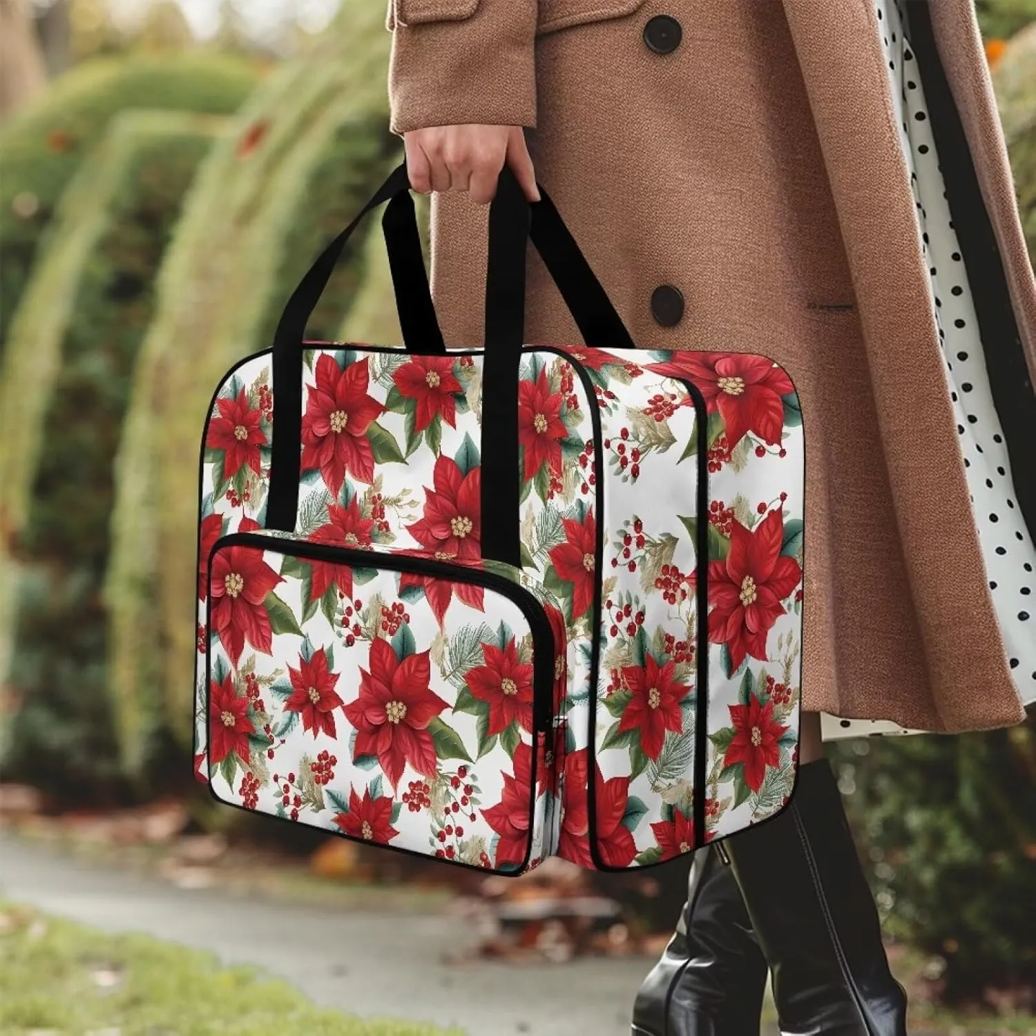 Christmas Flower Sewing Machine Tote Portable Padded Storage Cover Carrying Case with Pockets and Handles Easy to Clean Sewing Machine Case for Standard Sewing Machine
