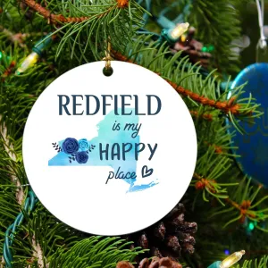 Christmas Ornament Tree 2023 with City Name Ornament Redfield New York is My Happy Place - Redfield NY Ornaments - Xmas Decoration Gift Family 3" MDF Plastic White