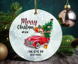 Christmas Red Metal Pickup Truck Xmas Tree Ornaments 2020 With Name City State Alden New York Xmas Ornament Holidays Party Decoration for Home Decor Funny Gift Family Friend