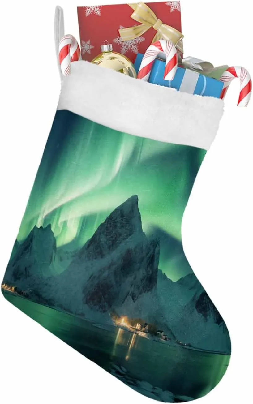Christmas Stockings 18 Inch Winter Polar Ice Islands Ocean Scenery Light Green Xmas Stockings with Plush Cuff for Fireplace Holiday Party Decoration 1 pcs