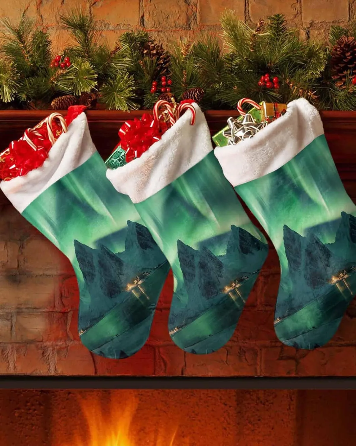 Christmas Stockings 18 Inch Winter Polar Ice Islands Ocean Scenery Light Green Xmas Stockings with Plush Cuff for Fireplace Holiday Party Decoration 1 pcs