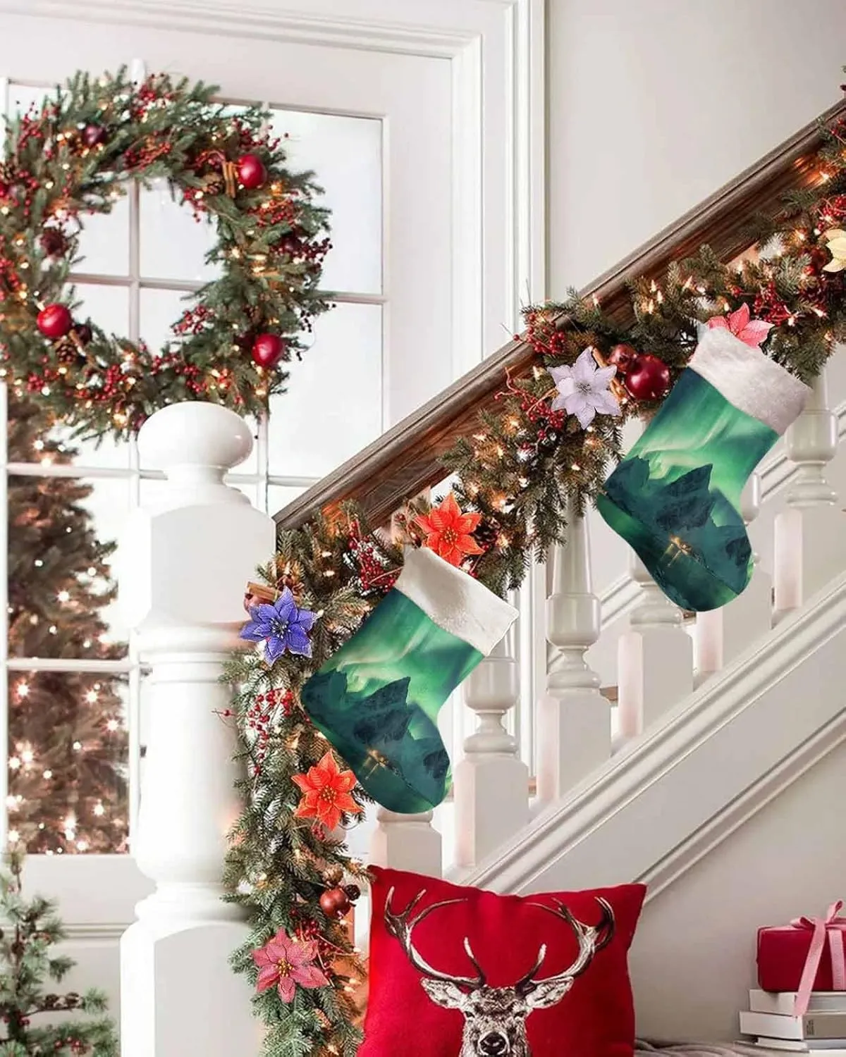 Christmas Stockings 18 Inch Winter Polar Ice Islands Ocean Scenery Light Green Xmas Stockings with Plush Cuff for Fireplace Holiday Party Decoration 1 pcs