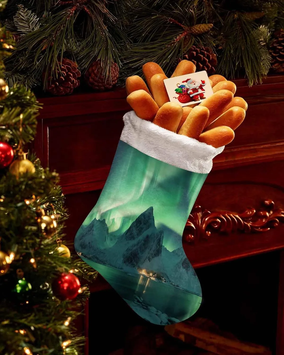 Christmas Stockings 18 Inch Winter Polar Ice Islands Ocean Scenery Light Green Xmas Stockings with Plush Cuff for Fireplace Holiday Party Decoration 1 pcs