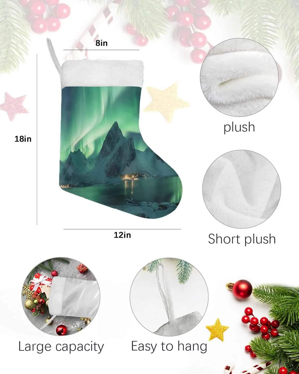Christmas Stockings 18 Inch Winter Polar Ice Islands Ocean Scenery Light Green Xmas Stockings with Plush Cuff for Fireplace Holiday Party Decoration 1 pcs