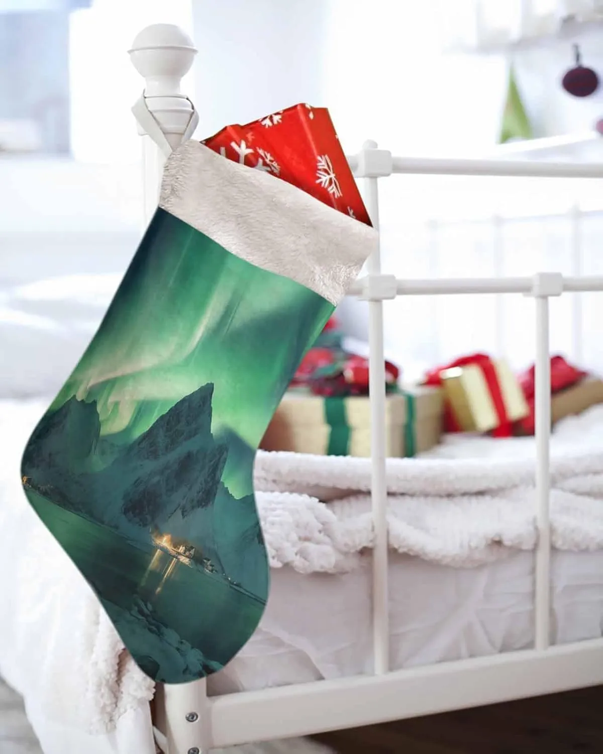 Christmas Stockings 18 Inch Winter Polar Ice Islands Ocean Scenery Light Green Xmas Stockings with Plush Cuff for Fireplace Holiday Party Decoration 1 pcs