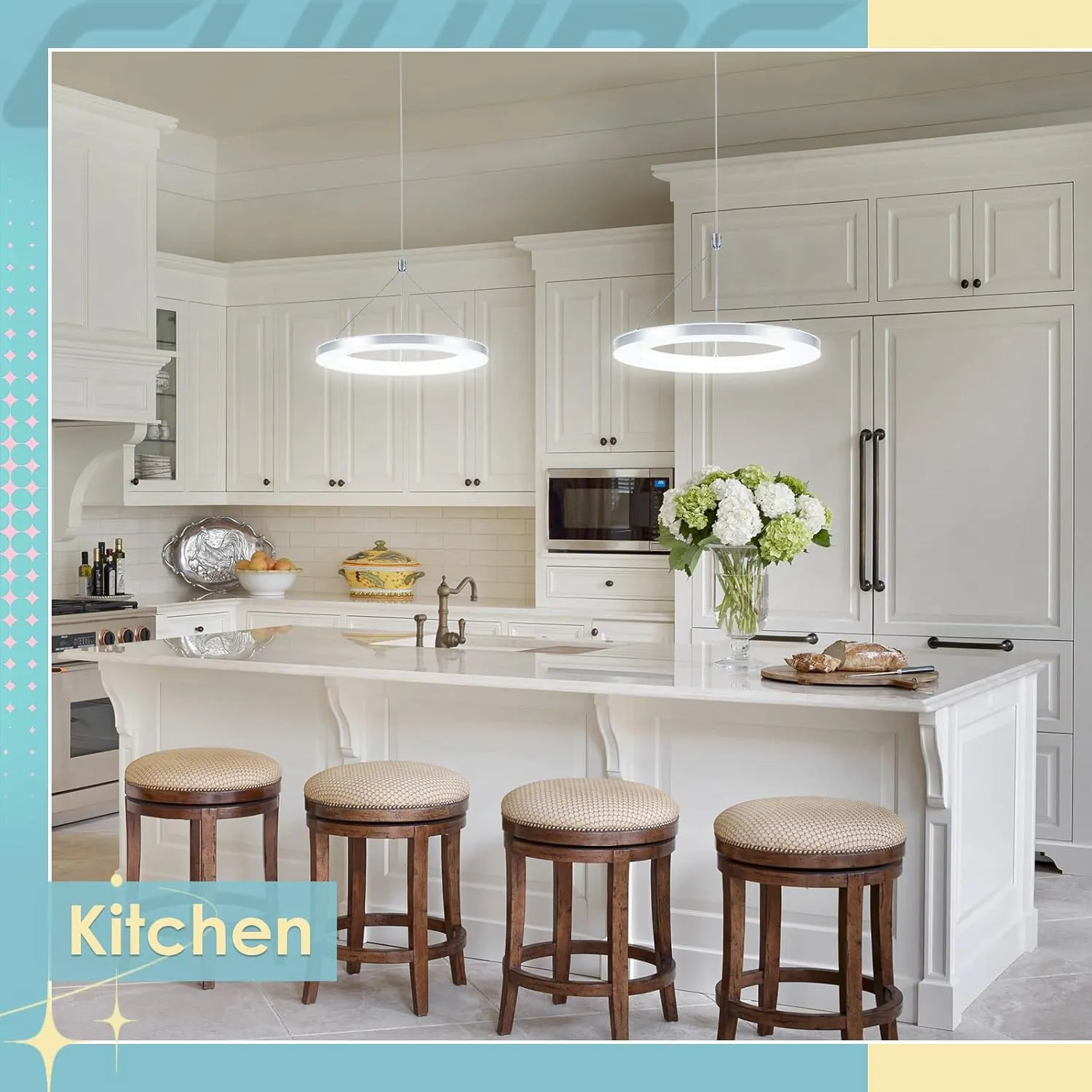 CHYING LED Pendant Lights Modern Pendant Lighting 6500k Cool White Adjustable Height Silver Ring Hanging Ceiling Lamps for Kitchen Island Dining Room Living Room Bedroom Hallway