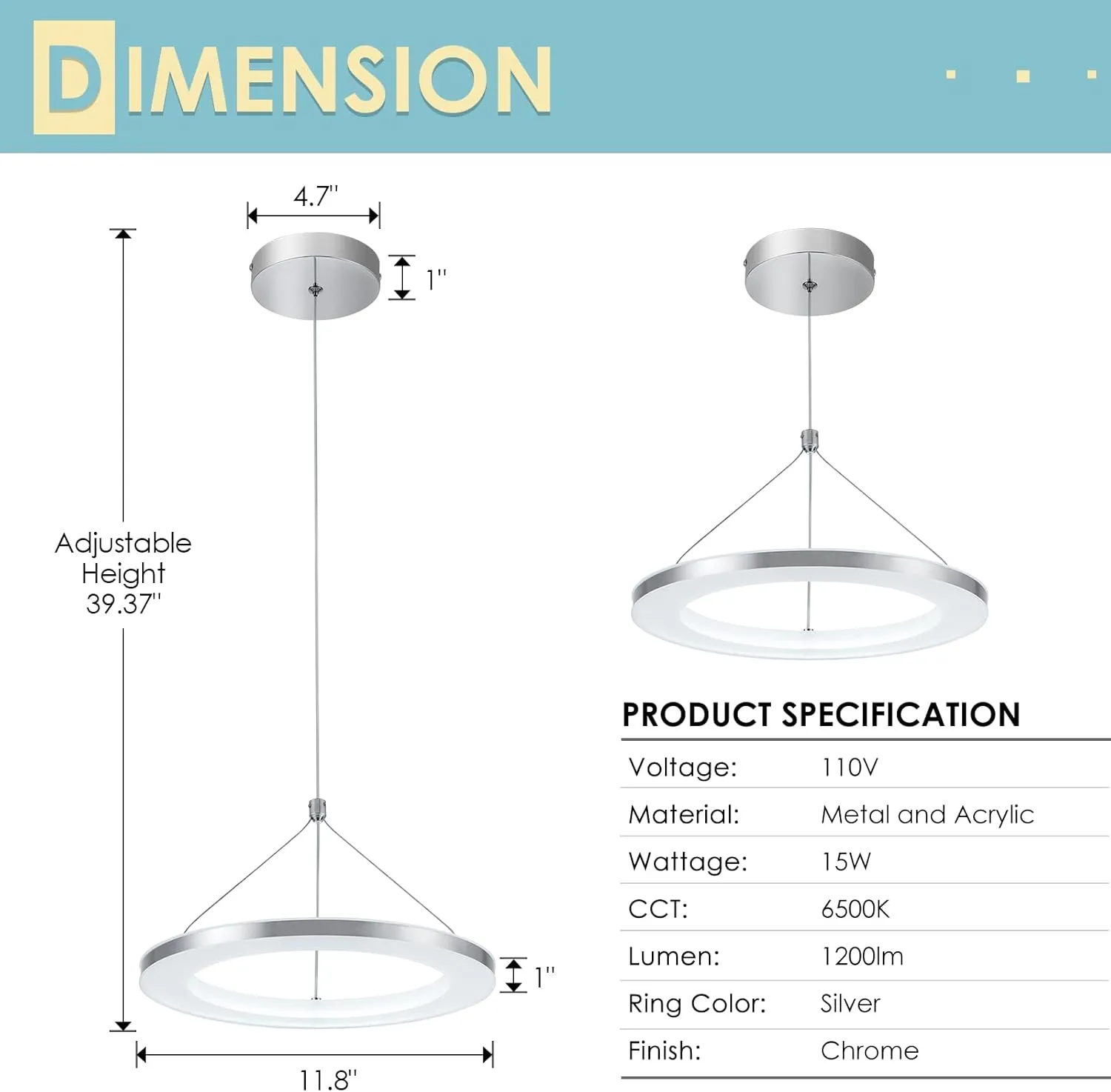 CHYING LED Pendant Lights Modern Pendant Lighting 6500k Cool White Adjustable Height Silver Ring Hanging Ceiling Lamps for Kitchen Island Dining Room Living Room Bedroom Hallway