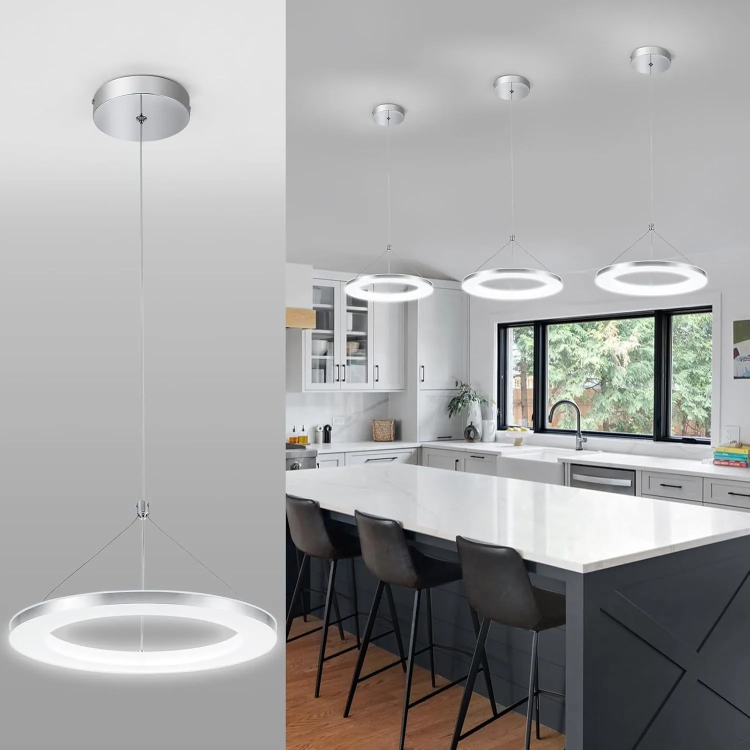 CHYING LED Pendant Lights Modern Pendant Lighting 6500k Cool White Adjustable Height Silver Ring Hanging Ceiling Lamps for Kitchen Island Dining Room Living Room Bedroom Hallway