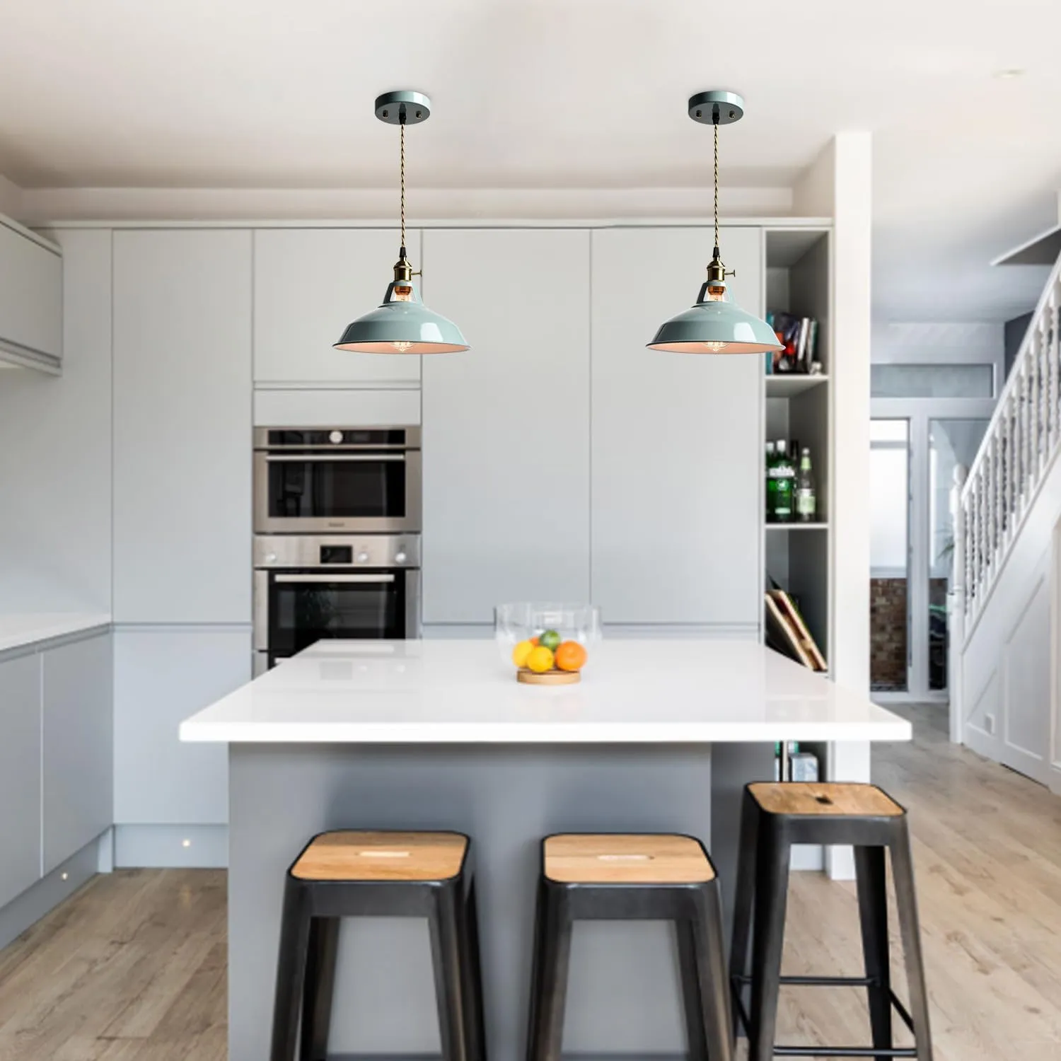 CLAXY Modern Pendant Light Sea Blue Barn Shade Hanging Lights Over Kitchen Island Adjustable Height Pendant with Switch for Bar Loft Bedroom Dining Restaurant