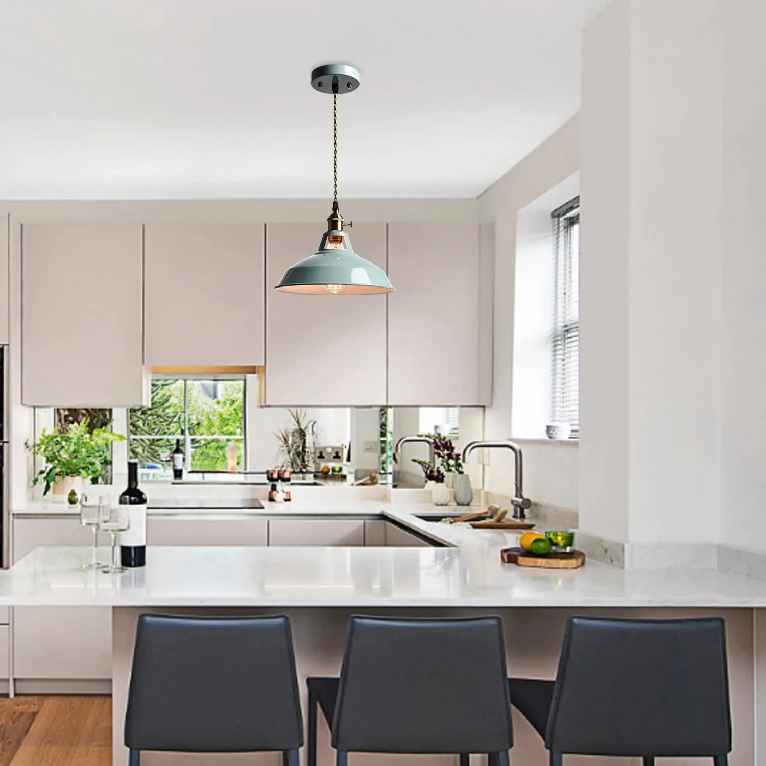 CLAXY Modern Pendant Light Sea Blue Barn Shade Hanging Lights Over Kitchen Island Adjustable Height Pendant with Switch for Bar Loft Bedroom Dining Restaurant