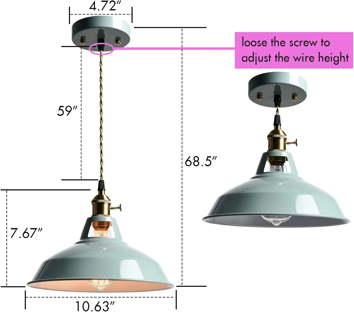 CLAXY Modern Pendant Light Sea Blue Barn Shade Hanging Lights Over Kitchen Island Adjustable Height Pendant with Switch for Bar Loft Bedroom Dining Restaurant