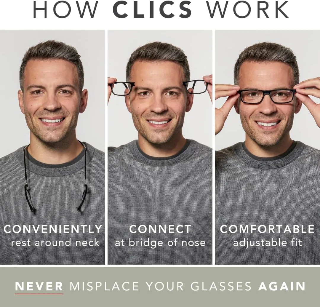 Clic Blue Light Blocking Magnetic Reading Glasses for Men or Women by Slastik, Soft Foldable Band, Computer Readers, Barat