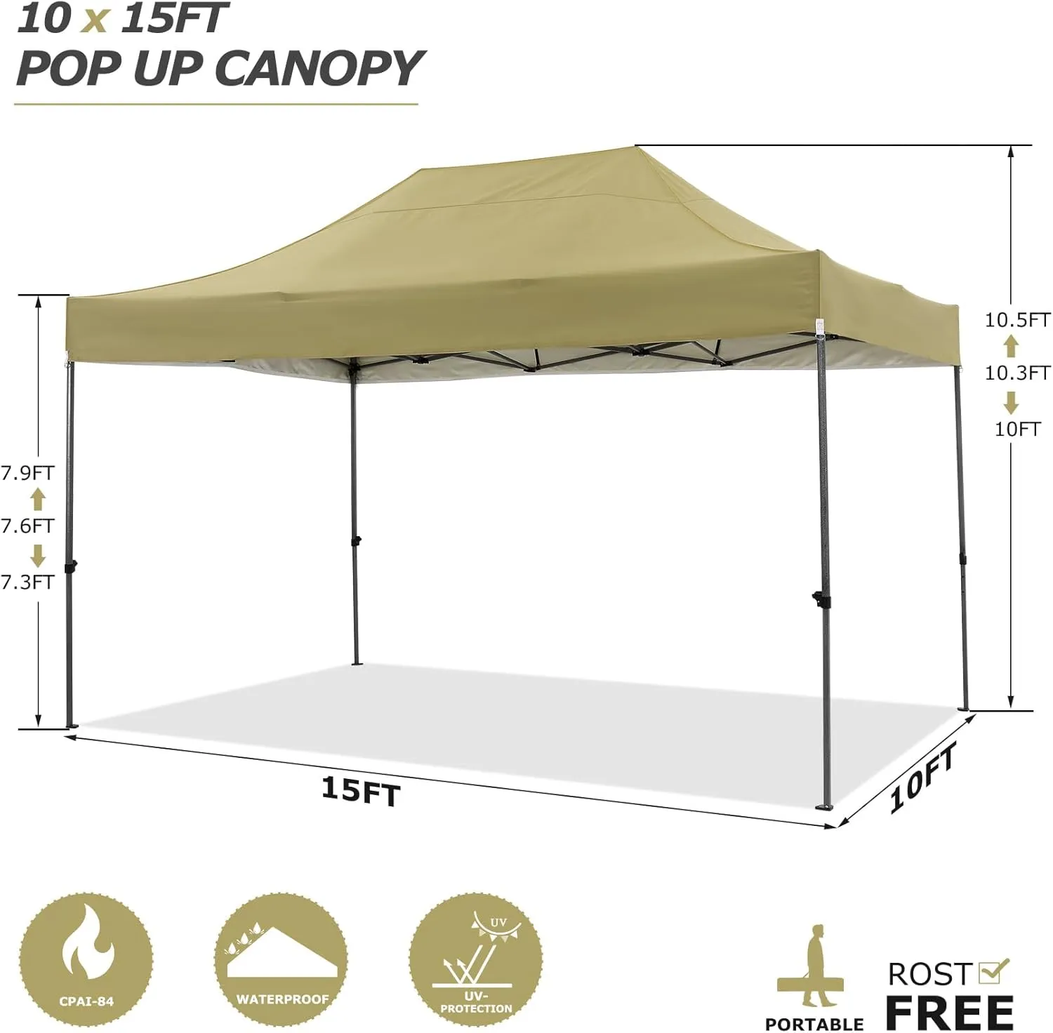 COBIZI 10x15 Pop up Canopy Gazebo 3.0, Easy up Heavy Duty Canopy with 4 Removable Sidewalls, High Stability, All Weather Sunshade 100% Waterproof Outdoor Canopy Tents, Khaki