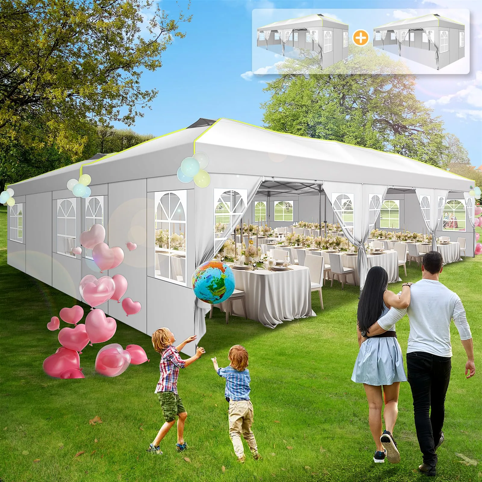 COBIZI 10x30 Pop Up Canopy with 8 Sidewalls, Party Tent for Wedding with 3 Adjustable Height, Outdoor Commercial Canopy Waterproof UPF50  with Air Vent, Wheeled Bag, Sandbags, Stakes, Ropes, White