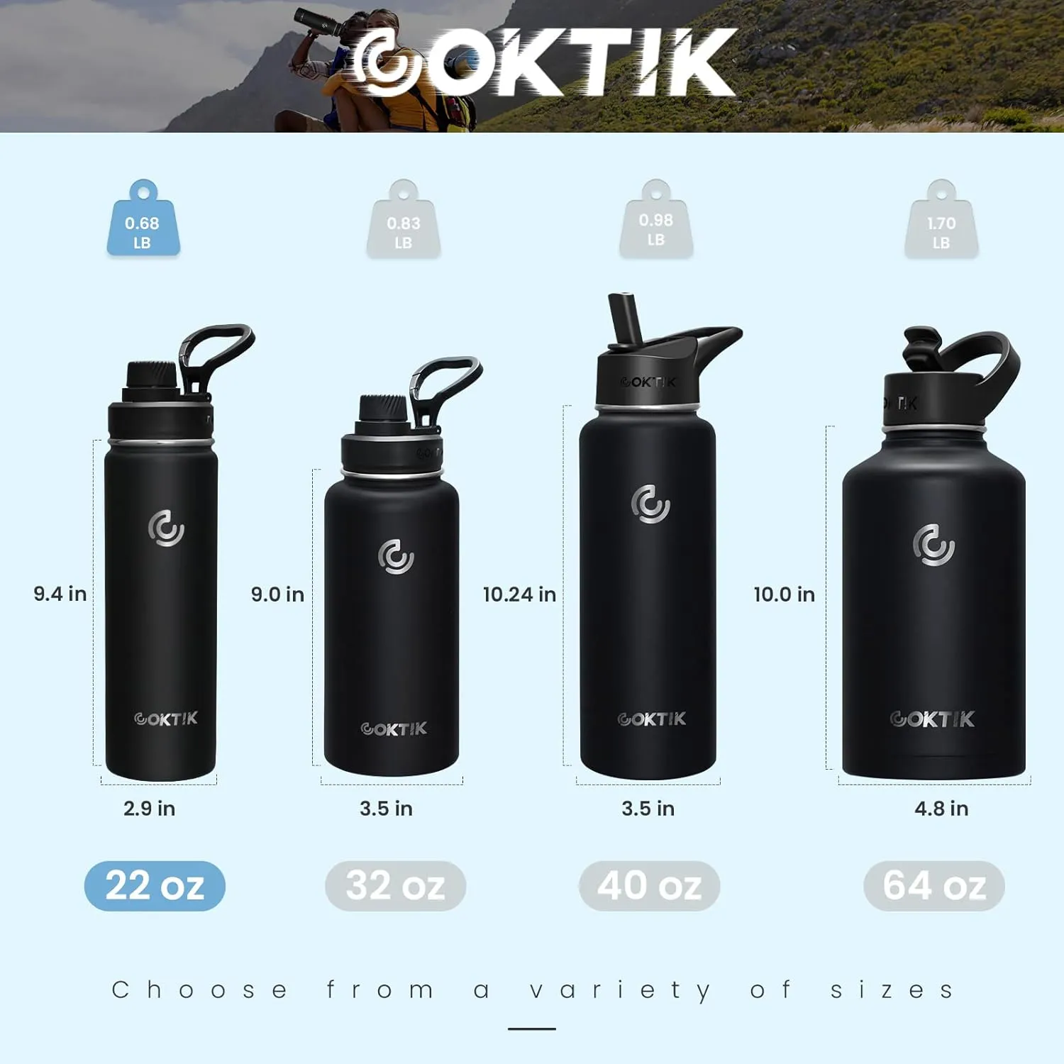 COKTIK Insulated Stainless Steel Water Bottle With Straw Lid, 22 oz Wide Mouth Double Wall Vacuum Insulated Water Bottle Leakproof Lightweight for Hiking, Biking, Running(Black)