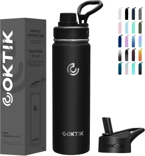 COKTIK Insulated Stainless Steel Water Bottle With Straw Lid, 22 oz Wide Mouth Double Wall Vacuum Insulated Water Bottle Leakproof Lightweight for Hiking, Biking, Running(Black)