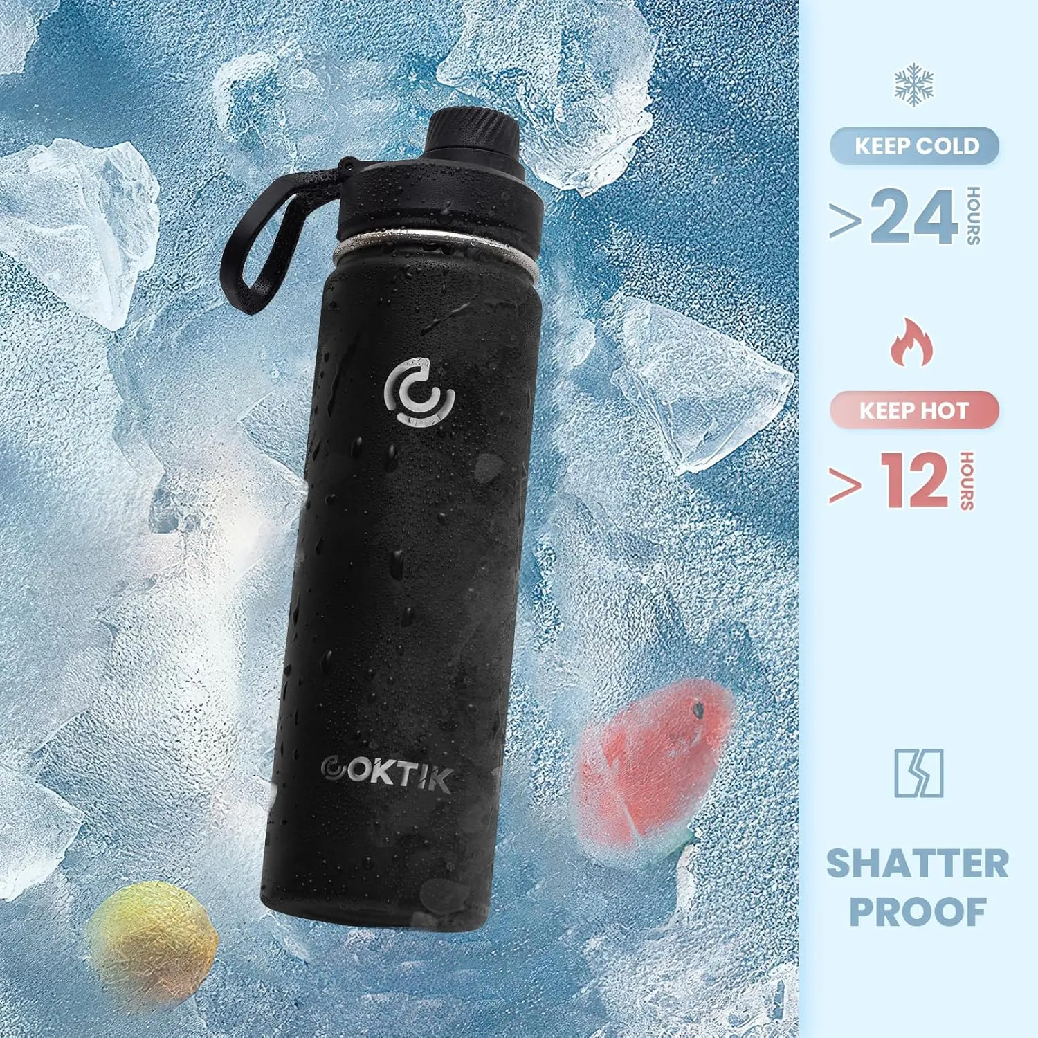 COKTIK Insulated Stainless Steel Water Bottle With Straw Lid, 22 oz Wide Mouth Double Wall Vacuum Insulated Water Bottle Leakproof Lightweight for Hiking, Biking, Running(Black)