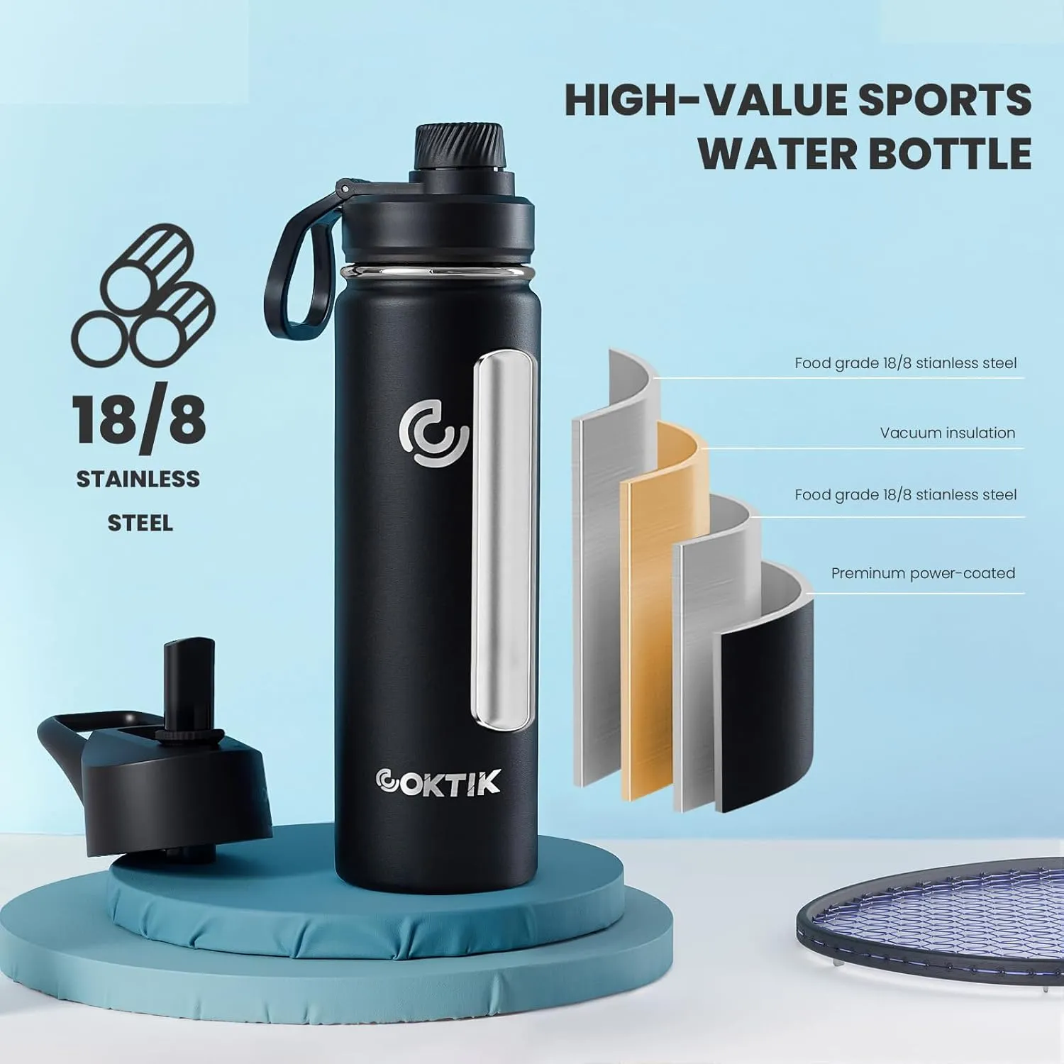 COKTIK Insulated Stainless Steel Water Bottle With Straw Lid, 22 oz Wide Mouth Double Wall Vacuum Insulated Water Bottle Leakproof Lightweight for Hiking, Biking, Running(Black)