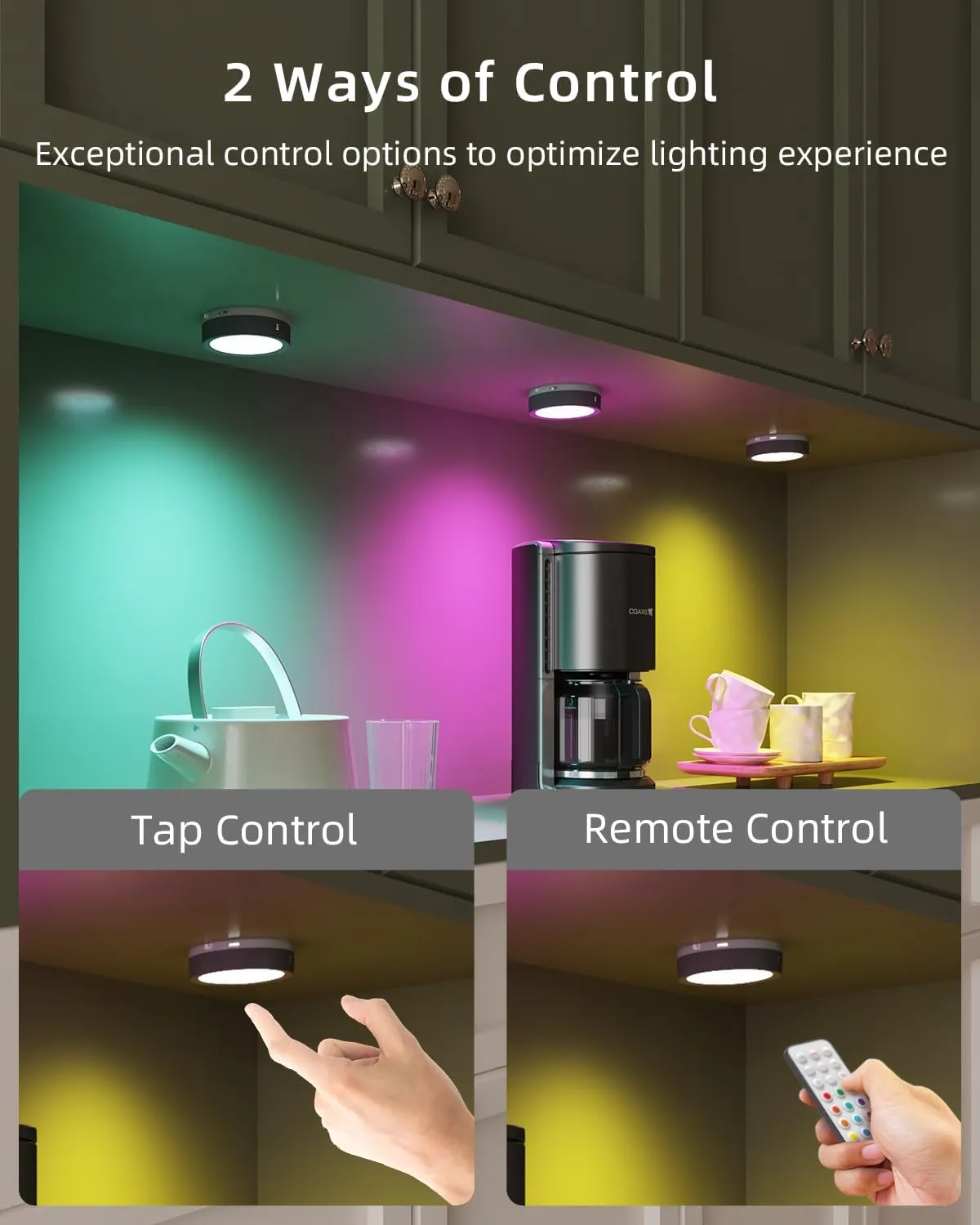 Color Changing Rechargeable Puck Lights, Black 1600mAh Battery Operated Tap Light with Remote Magnetic Push lights Stick On RGB Under Cabinet Lighting Wireless LED Shelf Light Touch Lamp for Classroom