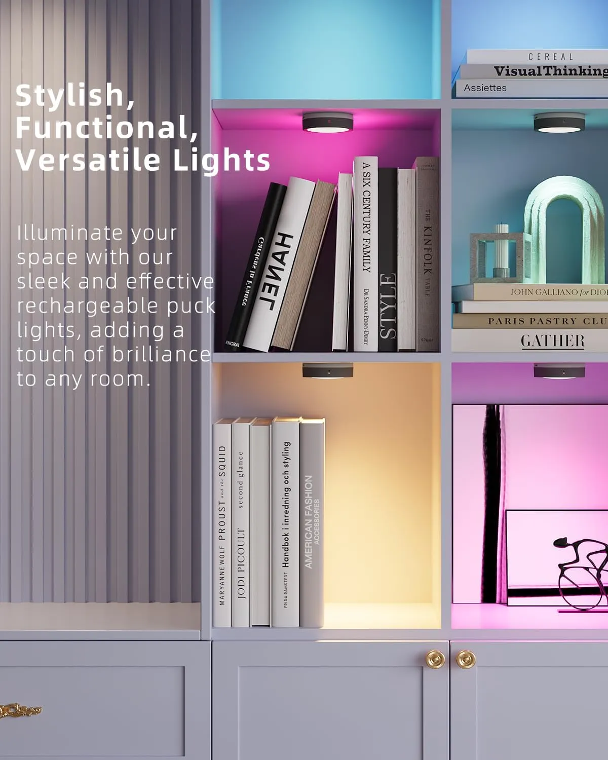 Color Changing Rechargeable Puck Lights, Black 1600mAh Battery Operated Tap Light with Remote Magnetic Push lights Stick On RGB Under Cabinet Lighting Wireless LED Shelf Light Touch Lamp for Classroom