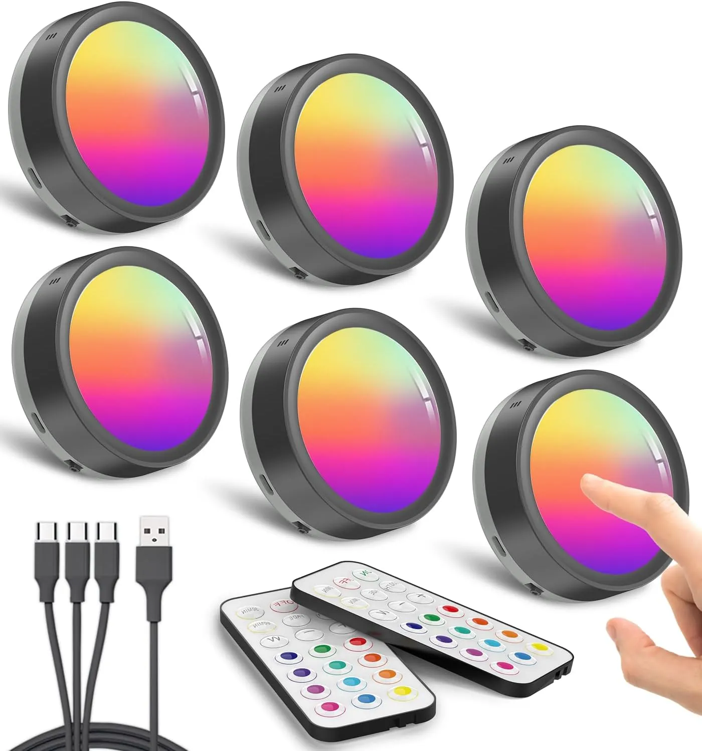 Color Changing Rechargeable Puck Lights, Black 1600mAh Battery Operated Tap Light with Remote Magnetic Push lights Stick On RGB Under Cabinet Lighting Wireless LED Shelf Light Touch Lamp for Classroom