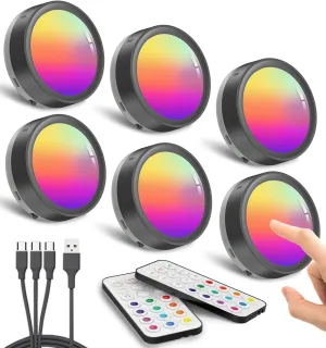Color Changing Rechargeable Puck Lights, Black 1600mAh Battery Operated Tap Light with Remote Magnetic Push lights Stick On RGB Under Cabinet Lighting Wireless LED Shelf Light Touch Lamp for Classroom