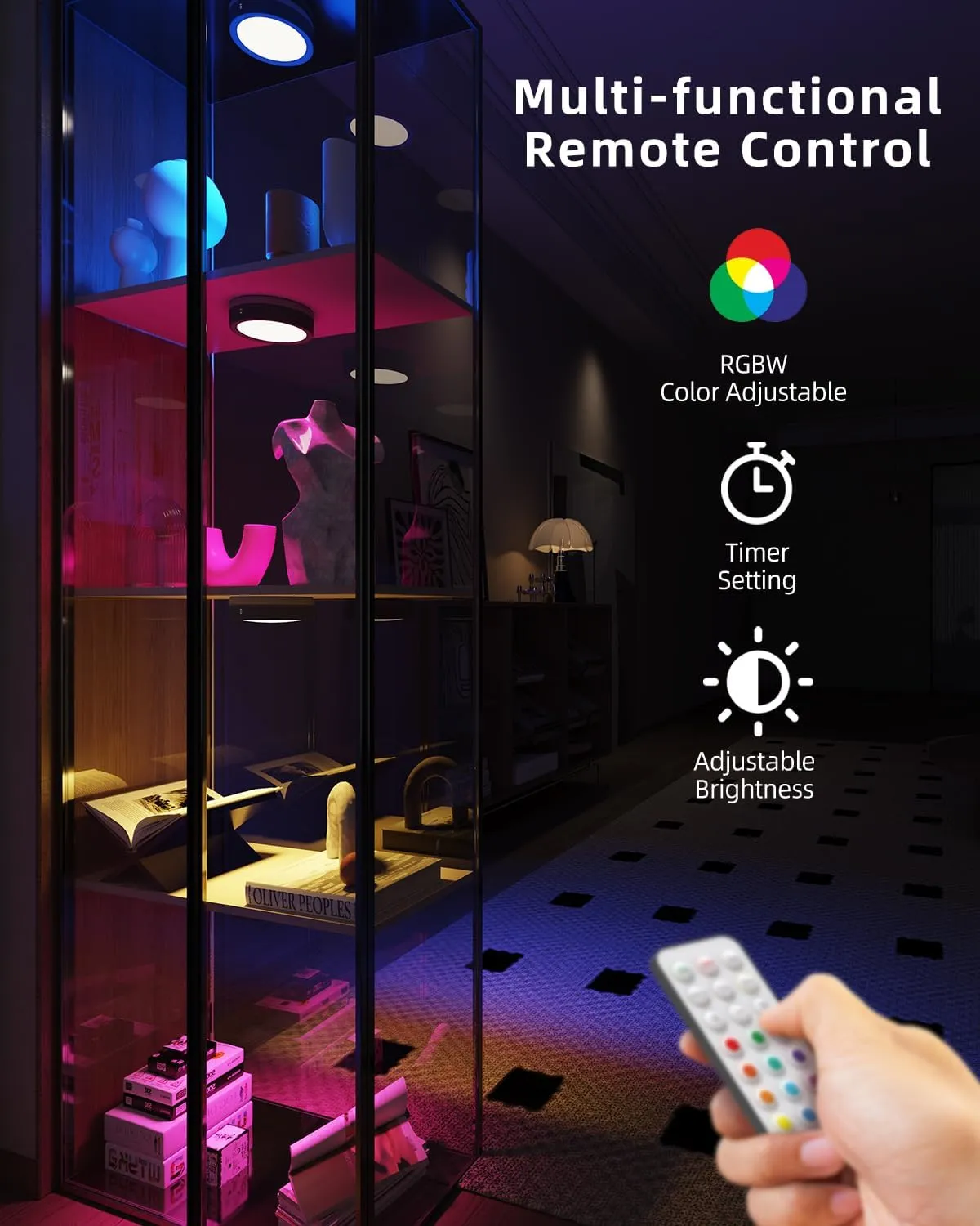 Color Changing Rechargeable Puck Lights, Black 1600mAh Battery Operated Tap Light with Remote Magnetic Push lights Stick On RGB Under Cabinet Lighting Wireless LED Shelf Light Touch Lamp for Classroom