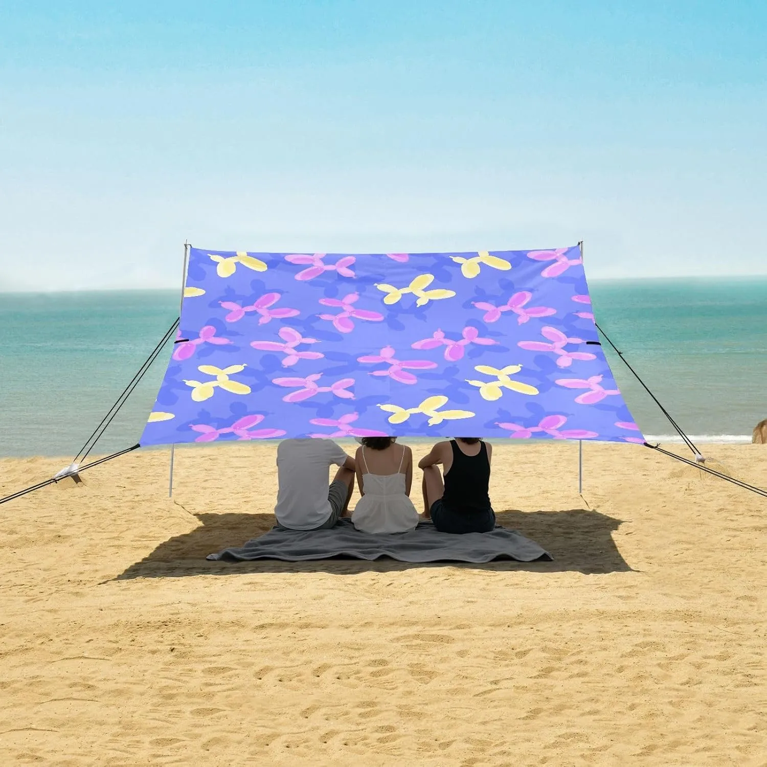 Colorful Cute Balloon Puppies Beach Canopy Tent Anti-UV & Wind Resistant, Camping Sun Shelter Easy Setup Portable,Outdoor Shade Tents with Sandbags,Sand Shovels,Ground Pegs & Stability Poles