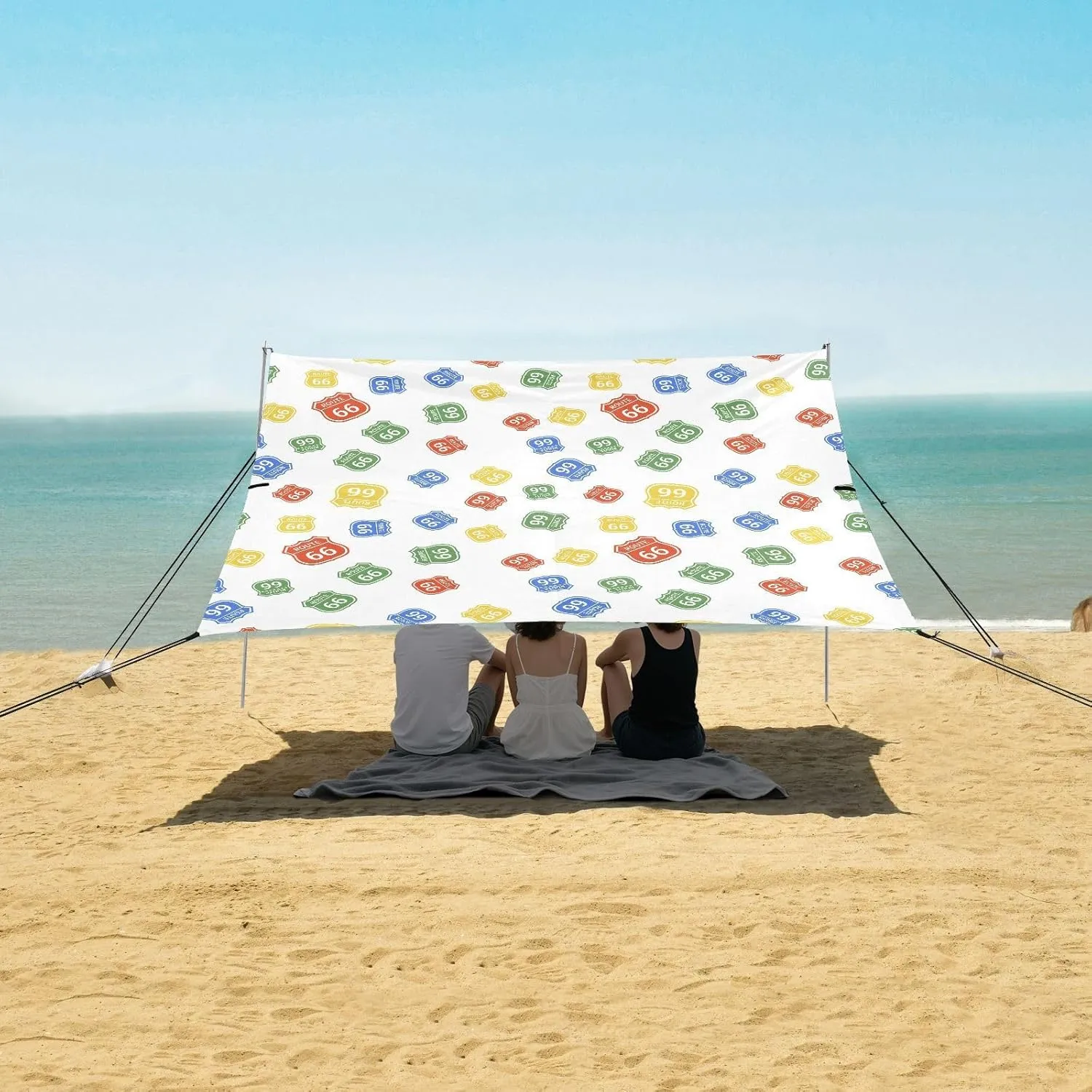 Colorful Route 66 Sign Beach Canopy Tent Anti-UV & Wind Resistant, Camping Sun Shelter Easy Setup Portable,Outdoor Shade Tents with Sandbags,Sand Shovels,Ground Pegs & Stability Poles