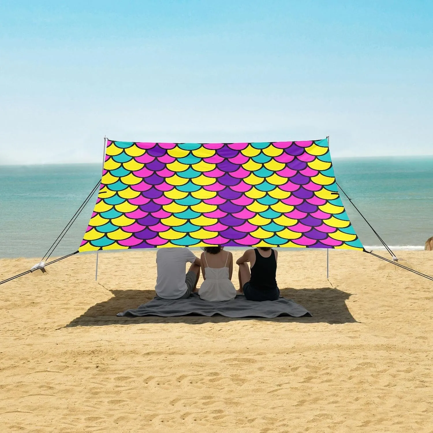 Colorful Scales Beach Canopy Tent Anti-UV & Wind Resistant, Pink Purple Camping Sun Shelter Easy Setup Portable,Outdoor Shade Tents with Sandbags,Sand Shovels,Ground Pegs & Stability Poles