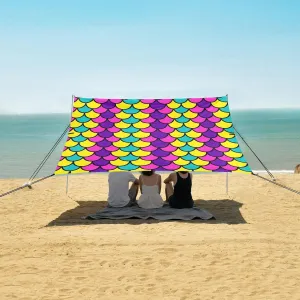 Colorful Scales Beach Canopy Tent Anti-UV & Wind Resistant, Pink Purple Camping Sun Shelter Easy Setup Portable,Outdoor Shade Tents with Sandbags,Sand Shovels,Ground Pegs & Stability Poles