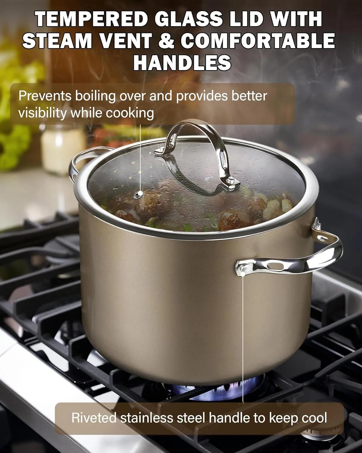 Cooks Standard Hard Anodized Ceramic Nonstick 8-Quart Stock pot with Glass Lid, Classic Induction Large Cooking Gumbo Pot, Ollas de Cocina, Bronze