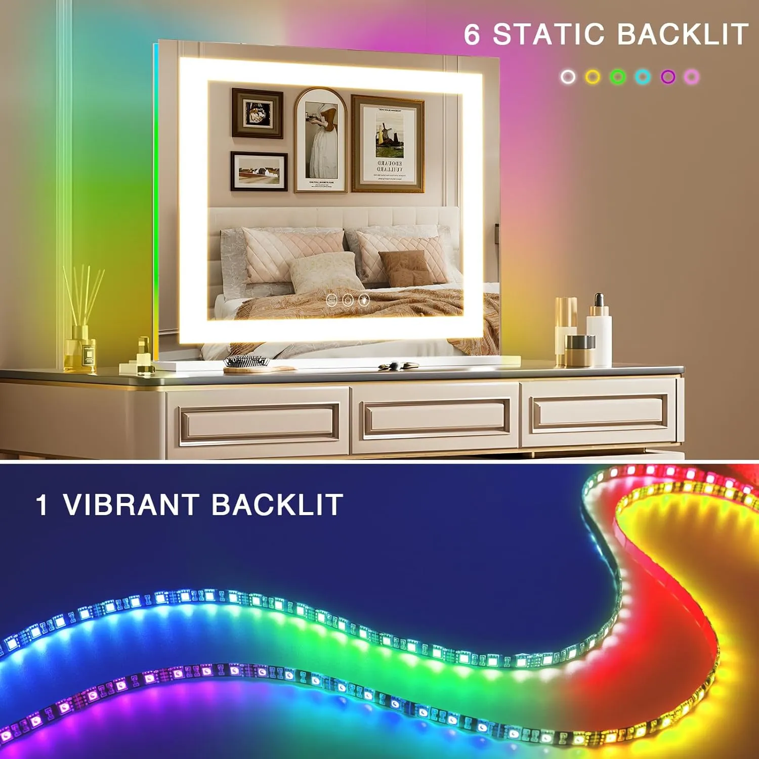 COOLJEEN RGB Vanity Mirror with Lights 23” X 18” Makeup Mirror with Front Light and RGB Backlit Lighted Makeup Mirror with 3 Color Lighting Dimmable Tempered Glass 10x Magnification and Wall-Mounted