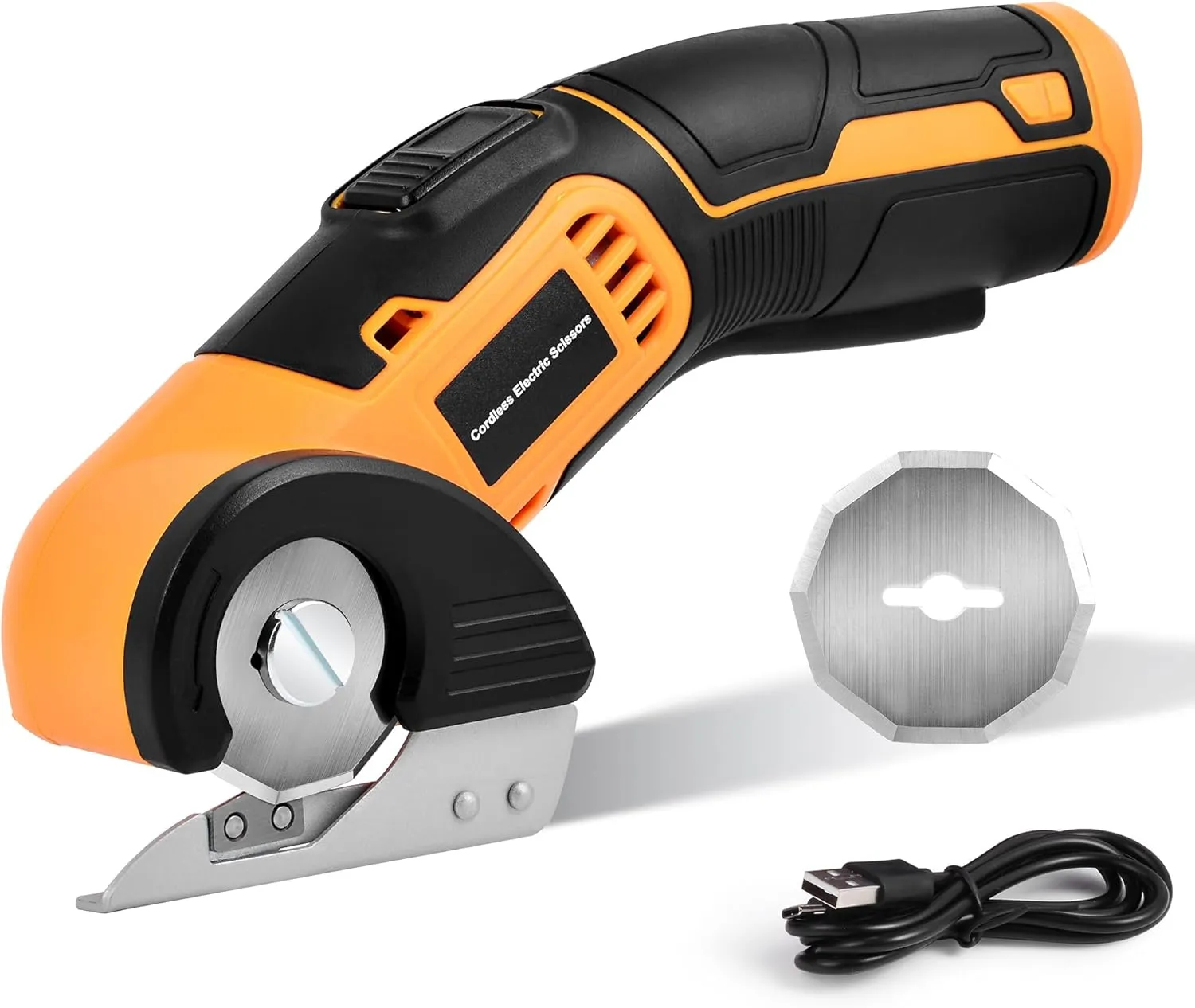 Cordless Electric Scissors, 4 V Rechargeable Rotary Cutter with Rechargeable LED Light, Safety Lock for Cutting Fabric, Cardboard, Leather, Carpet and PVC Boxes，Yellow