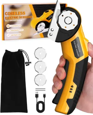 Cordless Electric Scissors,4V Rechargeable Cardboard Cutter Heavy Duty Scissor with Safety Lock & LED Light for Box Carpet Plastic Fabric (Yellow w/Bag)