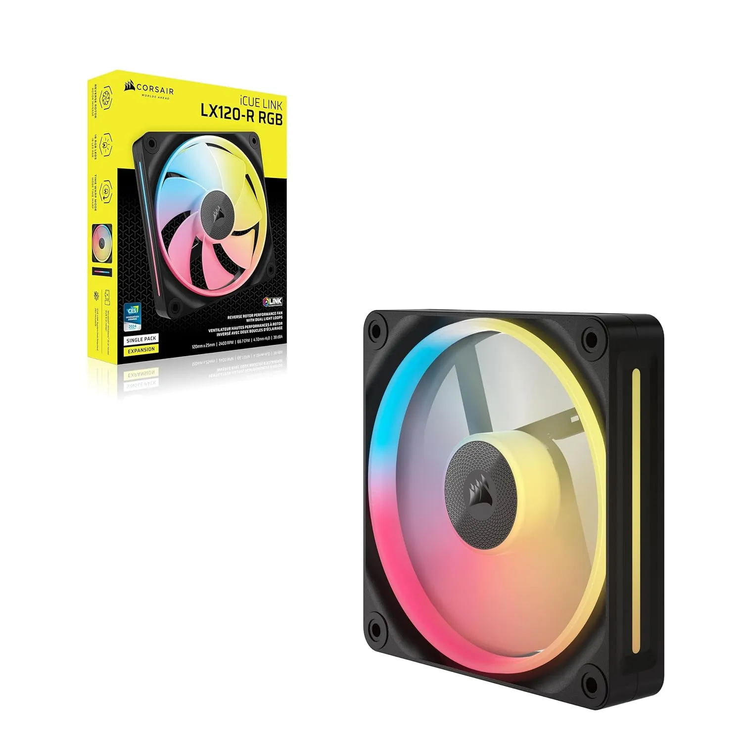 CORSAIR iCUE Link LX120-R RGB 120mm PWM Reverse Fan – Single Fan – Low-Noise, Magnetic Dome Bearing, Dual Light Loops, CORSAIR QuikTurn Screws, Zero RPM Mode – Black