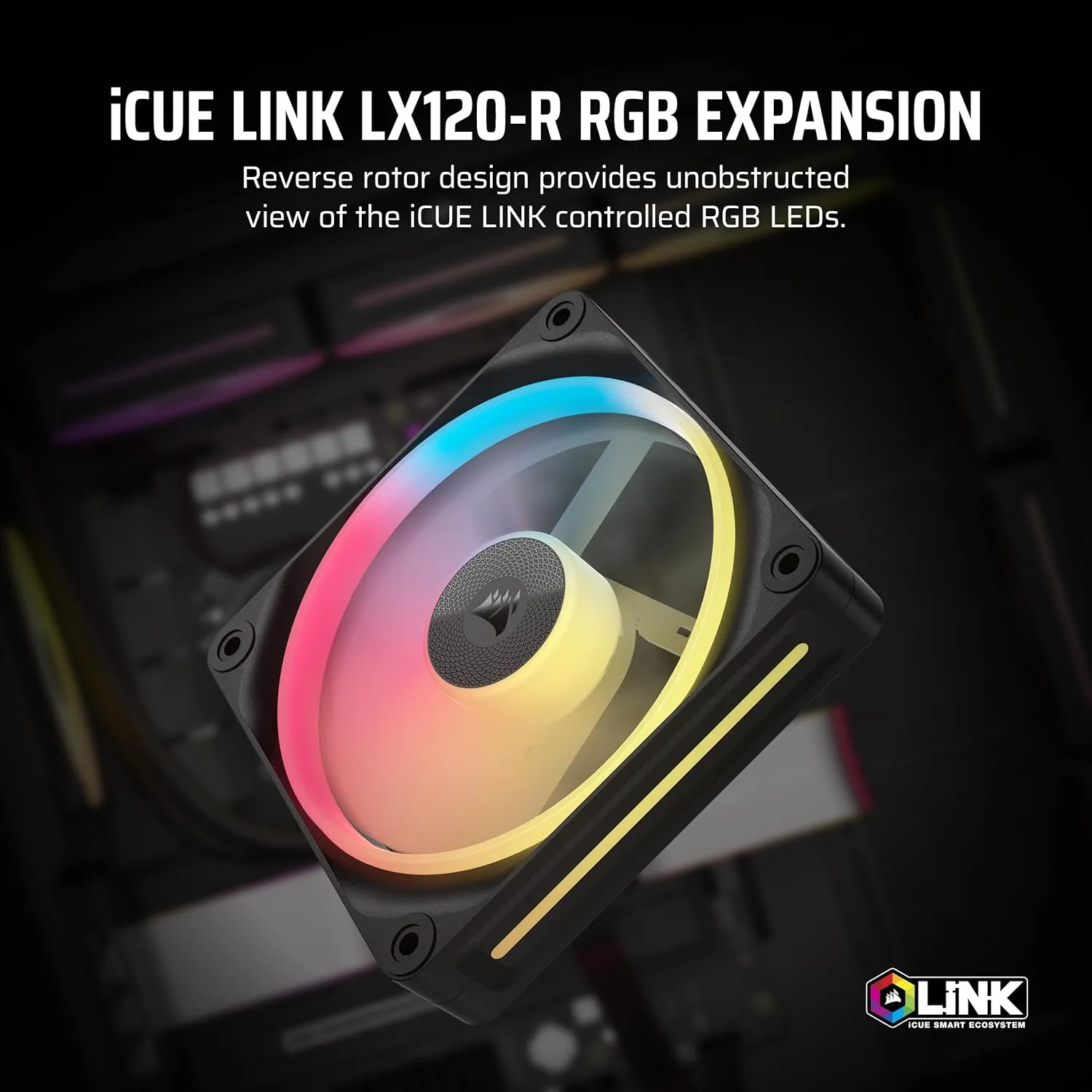 CORSAIR iCUE Link LX120-R RGB 120mm PWM Reverse Fan – Single Fan – Low-Noise, Magnetic Dome Bearing, Dual Light Loops, CORSAIR QuikTurn Screws, Zero RPM Mode – Black