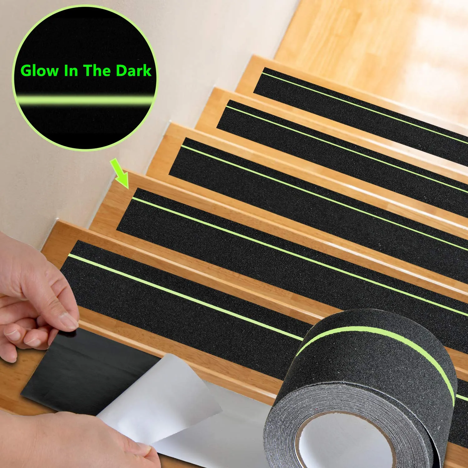 COSIMIXO 4" x 33FT Anti Slip Tape with Glow in The Dark Stripe,Premium Grip Tape Non Slip Stair Treads Tape,Non Skid Tape, High Traction Adhesive for Stairs Step Black/Green