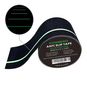 COSIMIXO 4" x 33FT Anti Slip Tape with Glow in The Dark Stripe,Premium Grip Tape Non Slip Stair Treads Tape,Non Skid Tape, High Traction Adhesive for Stairs Step Black/Green