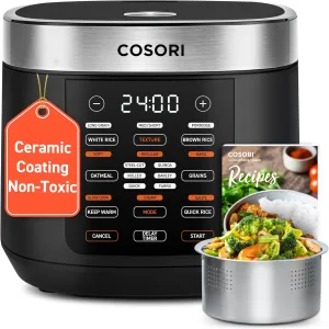 COSORI Rice Cooker 10 Cup, 24h Keep Warm, 18 Functions Fuzzy Logic Rice Maker with Stainless Steel Steamer Basket, Sauté, Slow Cooker, Black