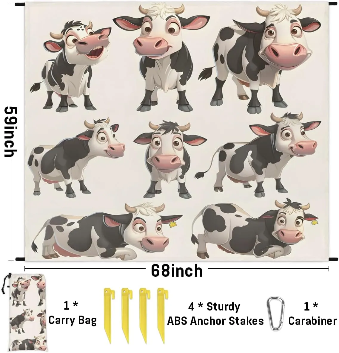 Cow Beach Blanket for Adults, 59" x 68" Waterproof Outdoor Picnic Blanket Mat Sand Proof Extra Large Milk Cow Picnic Mat for Beach Travel Camping